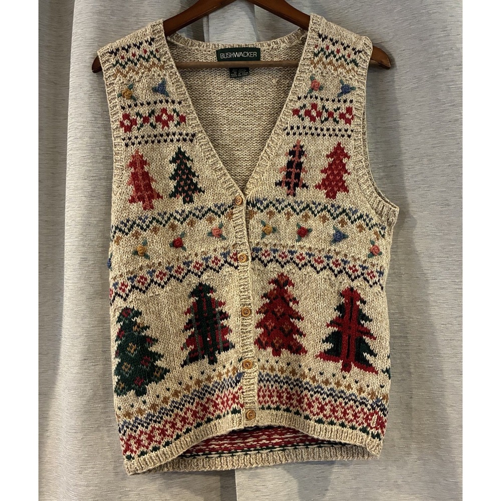Bushwacker Vintage Christmas Tree Knit Sweater Vest Tan Floral Fair Isle Medium